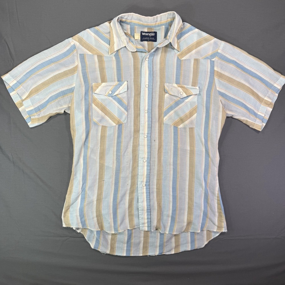 Vtg Wrangler Pearl Snap Western Shirt Sz L Striped Short Sleeve Distressed Thin